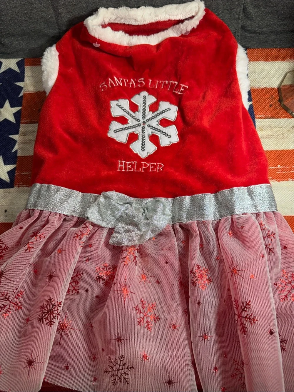 Holiday 'Santa's Little Helper' Red & Silver Dog Dress with Silver Bow